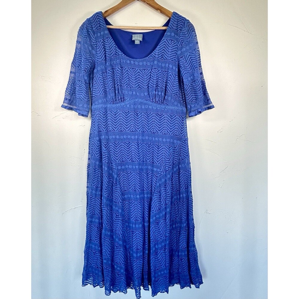 Rabbit Rabbit Rabbit Blue Lace Chevron Midi Dress Flutter Sleeve Women's 14